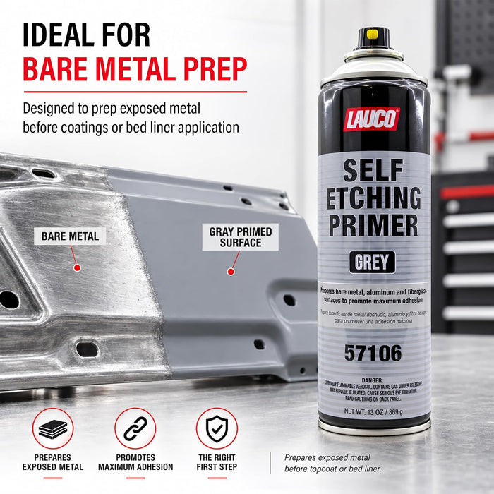 LAUCO Self Etching Primer Grey Aerosol Spray Can 13oz - Pack of 2 - Automotive and Industrial Primer - Great for use on Bare Metal Areas Before applying Truck Bed Liner (57106)