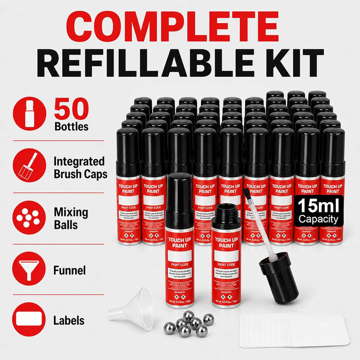 15ml Fillable Aluminum Touch Up Paint Bottles with Brush 50 Pack Refillable with Funnel, Mixing Balls & Labels Durable, Leakproof Scratch Repair for Auto & DIY Kits