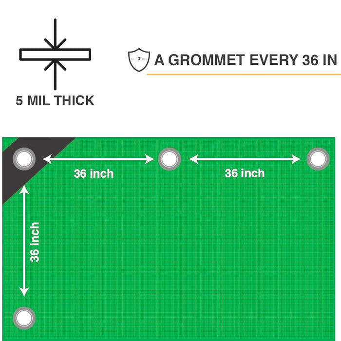 Heavy Duty Green Tarp - 15ft x 30ft - 5 MIL Multipurpose UV Resistant, Waterproof Protective Tarp Cover with Metal Grommets and Reinforced Edges - for Roof, Camping, Patio, Boat, Car 39108