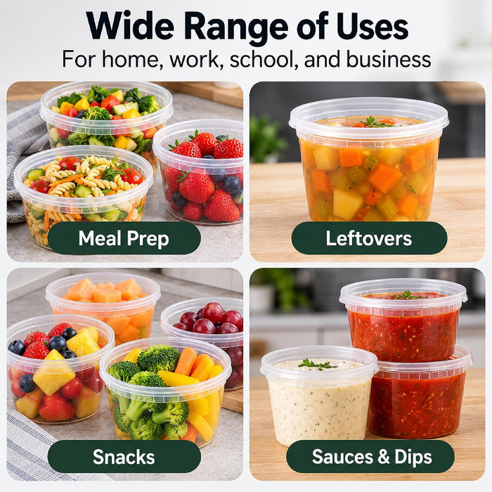 Uni-Pak 16 oz Plastic Deli Food Storage Containers with Lids, 50 Set, BPA-Free Meal Prep Containers, Leak-Resistant, Stackable, Microwave, Freezer & Dishwasher Safe for Soup, Snacks & Leftovers 62812