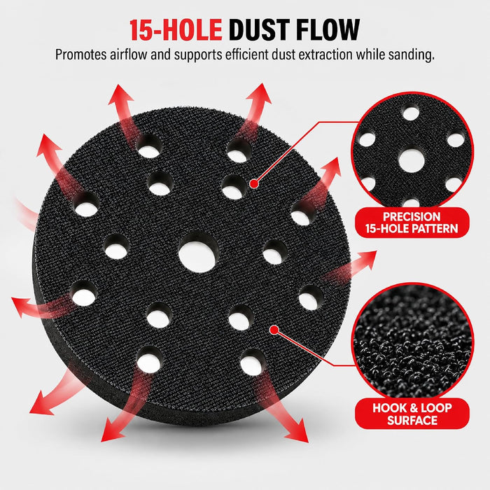 LAUCO 6-Inch Soft Interface Pad – 15-Hole Hook & Loop Foam Cushion Buffer Pad for Dual Action & Random Orbital Sanders – Vibration Reduction, Edge Control & Contour Sanding (Black) 09063