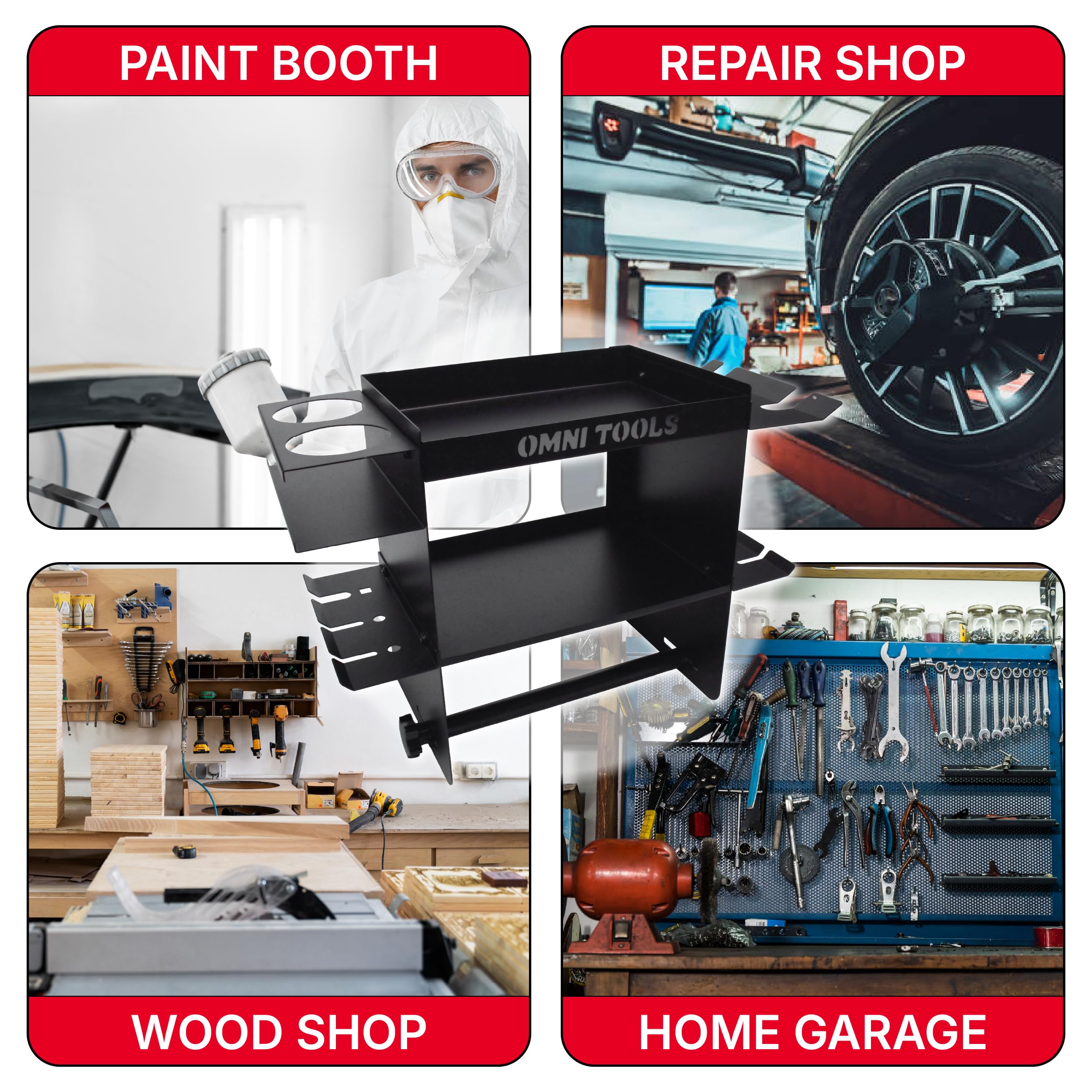 Omni Tools Multi-Function Paper Towel Holder, Steel Shop Organizer Rack with Tool Slots and Spray Gun Storage, Heavy-Duty Garage and Auto Body Shelf, 22.75 x 15 x 9.25 Inches 36038