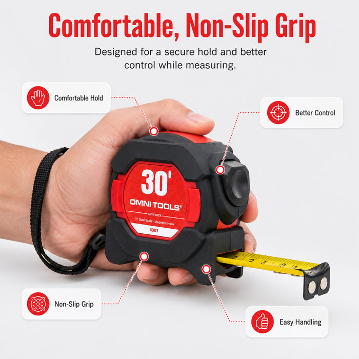 OMNI TOOLS 30 ft Autolock Tape Measure, Dual Scale SAE & Metric, True Zero Hook, 8 ft Standout, Shock-Absorbent Case, Professional Measuring Tape for Construction, Carpentry & DIY