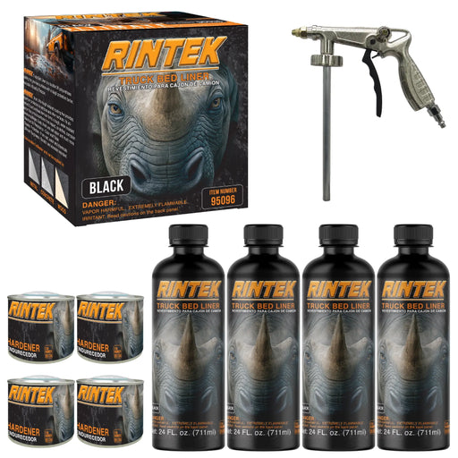 Rintek Black 1 Gallon Urethane Spray-On Truck Bed Liner Kit - 4 Bed Liners, 4 Hardeners and 1 Applicator Spray Gun - Easy 3 to 1 Mix Ratio, Just Mix, Shake and Shoot It - (95096) National Supply Company