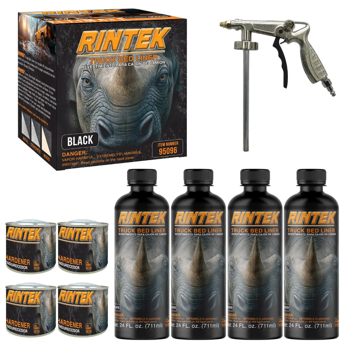 Rintek Black 1 Gallon Urethane Spray-On Truck Bed Liner Kit - 4 Bed Liners, 4 Hardeners and 1 Applicator Spray Gun - Easy 3 to 1 Mix Ratio, Just Mix, Shake and Shoot It - (95096) National Supply Company