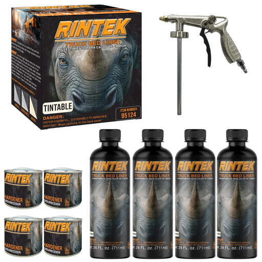 Rintek Tintable 1 Gallon Urethane Spray-On Truck Bed Liner Kit - 4 Bed Liners, 4 Hardeners and 1 Applicator Spray Gun - Easy 3 to 1 Mix Ratio, Just Mix, Shake and Shoot It - (95124) National Supply Company