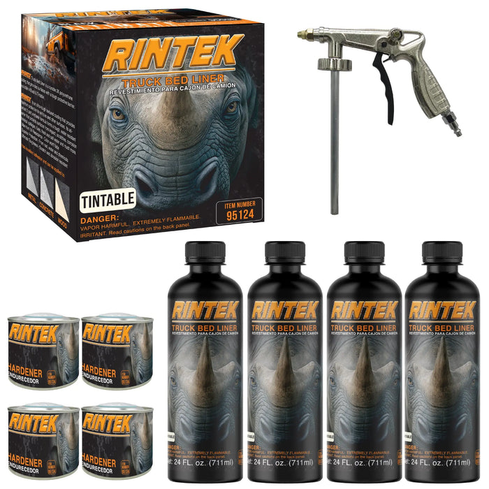 Rintek Tintable 1 Gallon Urethane Spray-On Truck Bed Liner Kit - 4 Bed Liners, 4 Hardeners and 1 Applicator Spray Gun - Easy 3 to 1 Mix Ratio, Just Mix, Shake and Shoot It - (95124) National Supply Company
